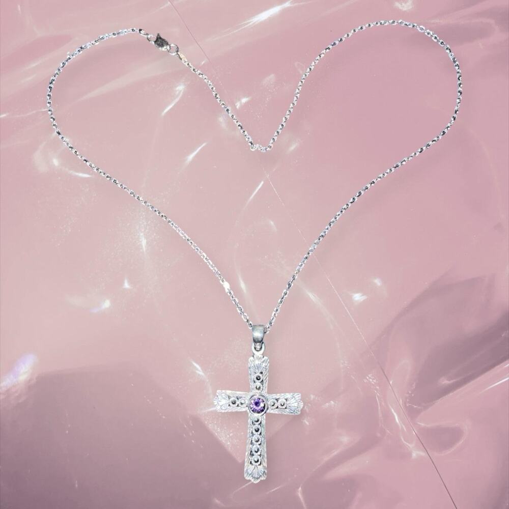 Y2K fairy goth 925 Sterling Silver cross necklace amethyst stone and marcasite